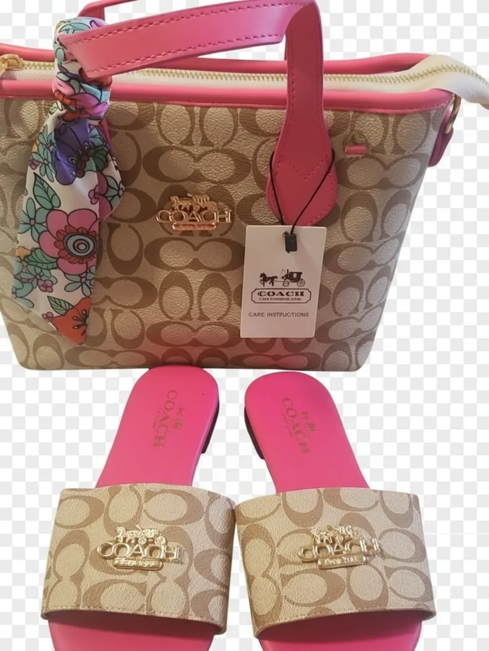 Coach Beige Signature Canvas Sandals & Matching Tote with Hot Pink Accents